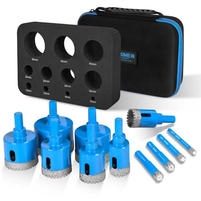ZNXIMER Diamond Hole Saw Tile Drill Bits Kit, 11 PCS Serrated Brazing Tile Core Drill Bits Sets with EVA Hole Saws Guide Jig Hollow Drill Hole Saw for Ceramic, Glass,Tile, Marble,Granite, Gypsum,Wood - Image 1